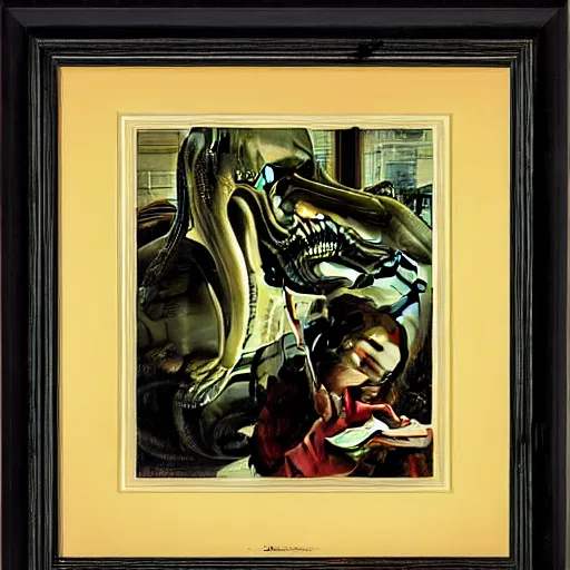 Image similar to Xenomorph reading the evening news painted by Norman Rockwell, nostalgia, americana, oil painting,