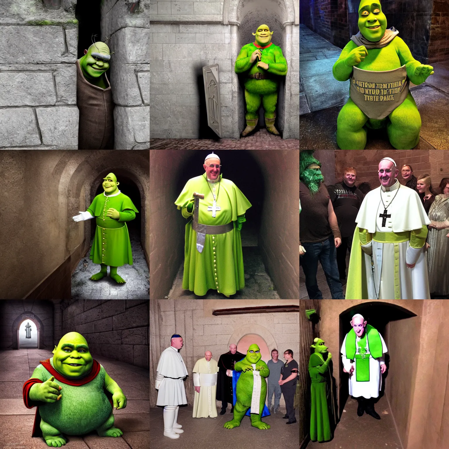 Prompt: Shrek dressed up as pope in the dark sewers, creopy photo