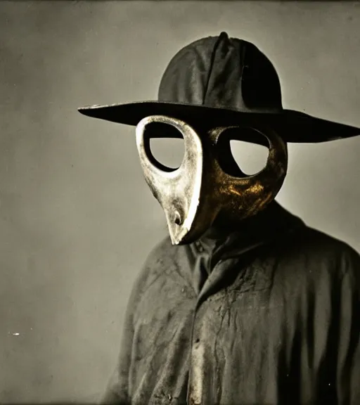 Image similar to a man at wearing plague doctor mask in distance, ww1 film photo, grainy, high detail, high resolution