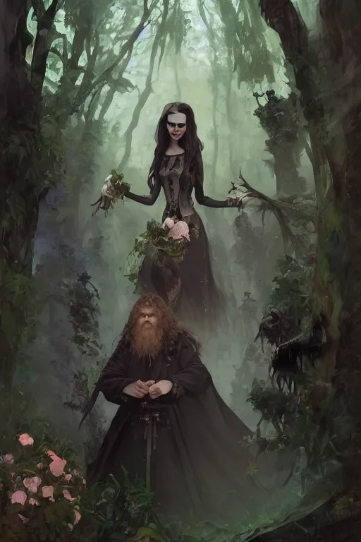 Image similar to hagrid the viking and gothic medieval morticia addams walking in enchanted forest with flowers, greg manchess painting by sargent and leyendecker, fantasy medium shot asymmetrical intricate elegant matte painting illustration hearthstone, by greg rutkowski by greg tocchini by james gilleard