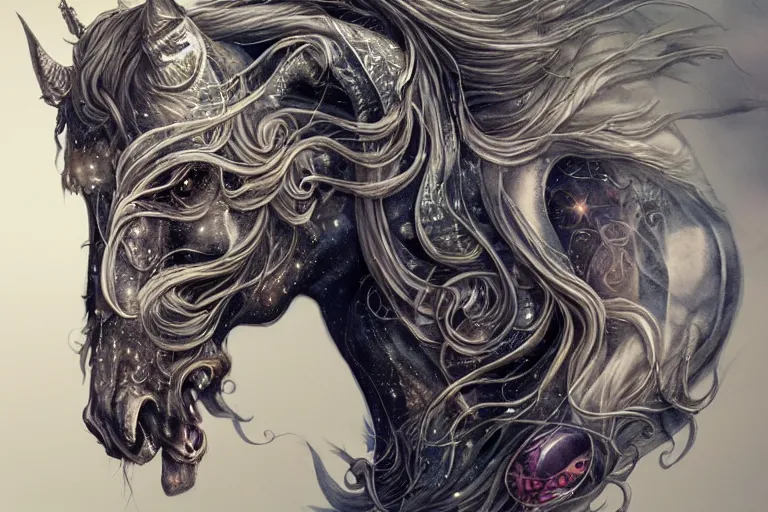 Image similar to a wlop 3 d render of very very very very highly detailed beautiful mystic portrait of a phantom undead horse with whirling galaxy around, tattoos by anton pieck, intricate, extremely detailed, digital painting, artstation, concept art, smooth, sharp focus, illustration, intimidating lighting, incredible art,