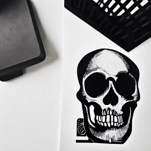 Prompt: black and white linocut print of a skull sitting on top of a wifi router on a table, next to a plant