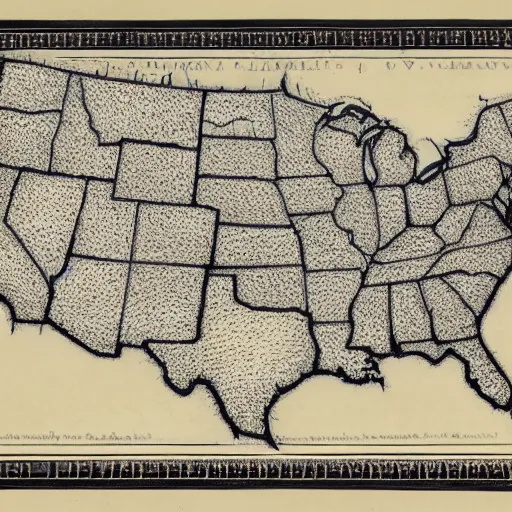 Prompt: Mandelbrot Fractal of the United States of America, map, hand drawn on paper, 1776