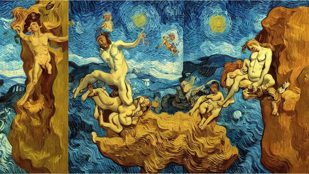 Image similar to psychoautistic scene of a divine moment, 4K, Rococo & Precisionism, colorized, by collaboration of Salvador Dali, Van Gogh and M. C. Escher