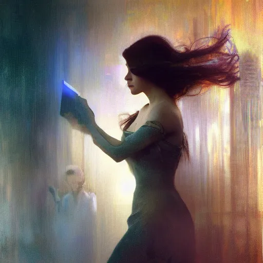 Image similar to hyperrealist portrait of a pretty young female android with large eyes and long hair standing in front of a computer simulation by jeremy mann and alphonse mucha, fantasy art, photo realistic, dynamic lighting, artstation, poster, volumetric lighting, very detailed faces, award winning