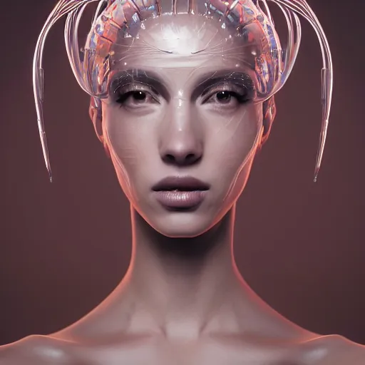 Image similar to closeup portrait of an absurdly beautiful, graceful, sophisticated, fashionable cyberpunk mechanoid gravure idol, an ultrafine hyperdetailed illustration by irakli nadar, matt wisniewski style, fashion photography, intricate linework, porcelain skin, jellyfish headdress, unreal engine 5 highly rendered, global illumination, radiant light, detailed and intricate environment