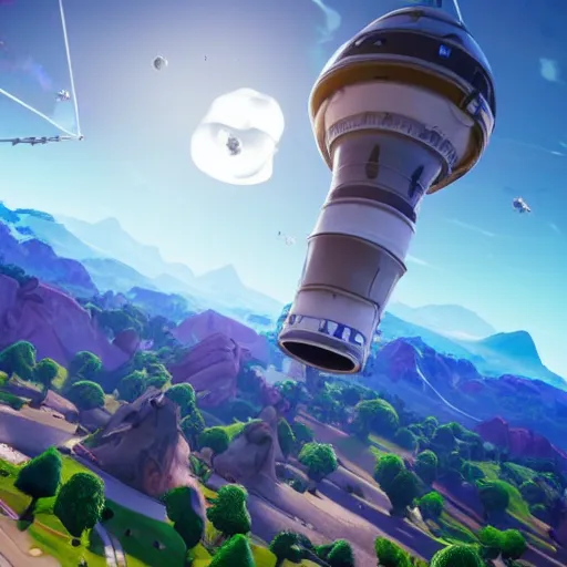 Prompt: fortnite rocket launch to the space station, 3 d render, unreal engine 4, high quality