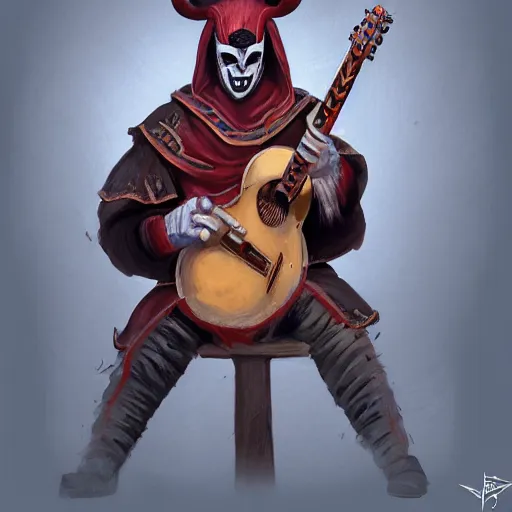 Prompt: a person with a mask playing a guitar, young handsome pale roma, grim dark jester from gwent cards, an ultrafine detailed painting by aleksander orłowski, artstation contest winner, sots art, concept art, da vinci, sketchfab