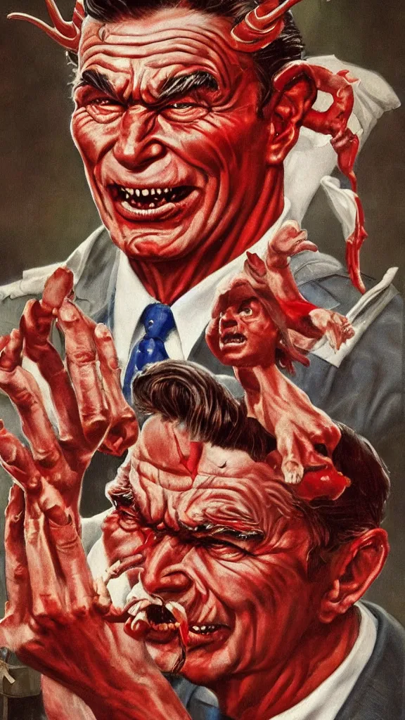 Image similar to demonic ronald regan with red horns, painting in the style of norman rockwell, 1 9 5 0 s, evil, satan, devil, demonic, demon, hyperrealistic, photorealistic, award - winning, 4 k, ultra hd, artstation, intricate, highly detailed, american, usa, dark, gritty