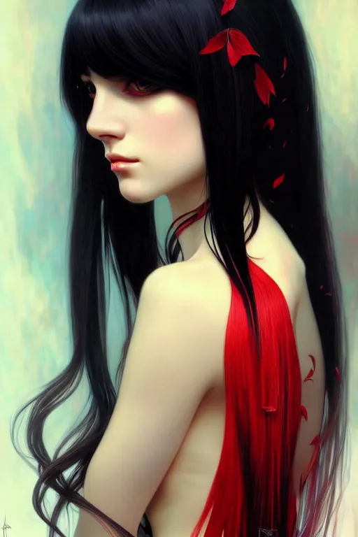 Prompt: a beautiful girl with long black hair and bangs, red eyes, fantasy, portrait, sharp focus, intricate, elegant, digital painting, artstation, matte, highly detailed, concept art, illustration, ambient lighting, art by ilya kuvshinov, artgerm, Alphonse mucha, and Greg Rutkowski