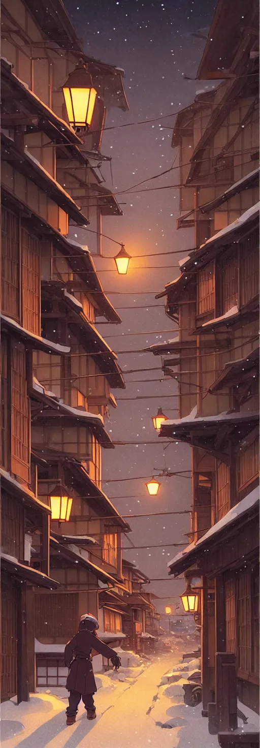 Image similar to empty rural japanese town at night, winter, in the style of studio ghibli, j. c. leyendecker, greg rutkowski, artem