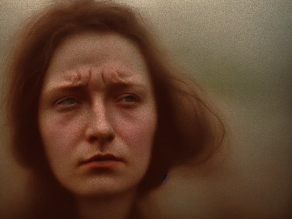 Prompt: close up portrait bust of woman, solemn expression, faded color film, russian cinema, tarkovsky, kodachrome, heavy forest, wood cabin in distance, long brown hair, old clothing, heavy fog, atmospheric haze, brown color palette, sunset, low light, hudson river school, 4 k, dramatic lighting