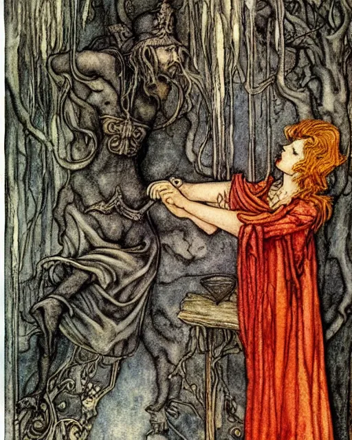 Image similar to tarot card detailed painting, illustration, tarot card framing with roman numbers, in style of Arthur Rackham