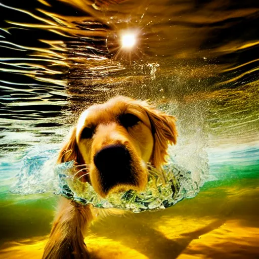 Prompt: underwater, close-up, portrait of a golden retriever trying to catch a tennis ball; day time; flash photography