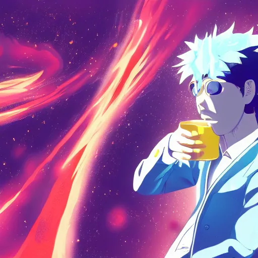 Image similar to A man drinking a cup of cosmic energy bright light by Masafumi Harada, 4k, digital art, surreal, anime style, space dandy style, highly detailed, godsend, artstation, space