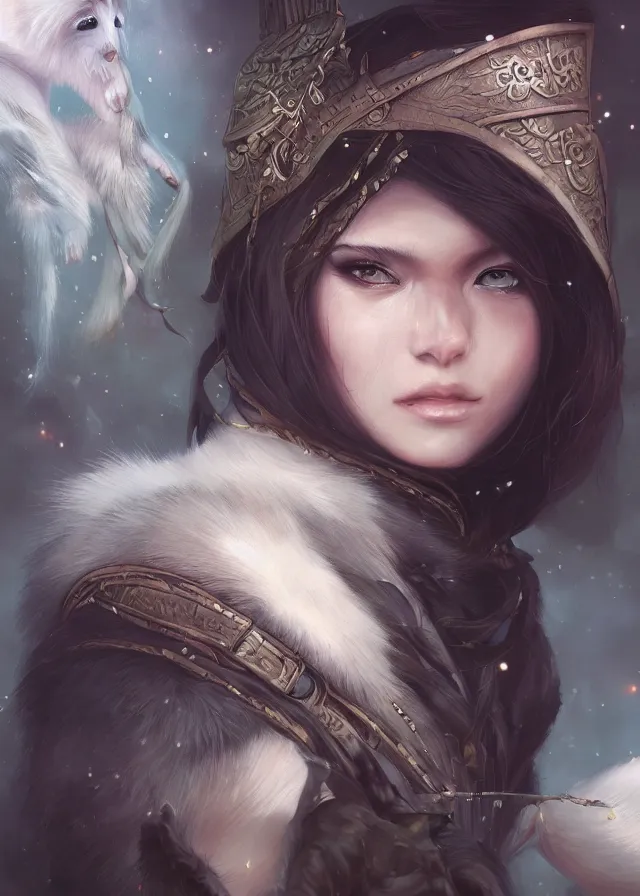 Prompt: a beautiful hyper realistic detailed painting of the sacred raccoon who guide her choosen knight, by artgerm, charlie bowater, inspired by dragon age inquisition featured on artstation