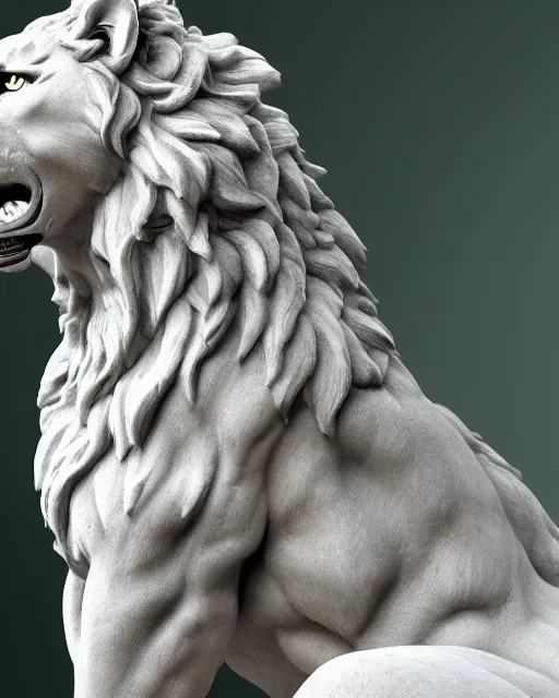 Image similar to a marble statue of a roaring lion, hyper realistic, 4 k, grainy marble, hyper detailed