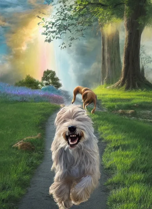 Image similar to a singular beautiful smiling dog running happily towards its owner, ethereal heavenly rainbow bridge in the background behind the dog, tall golden heavenly gates, amazing, stunning artwork, featured on artstation, cgosciety, behance