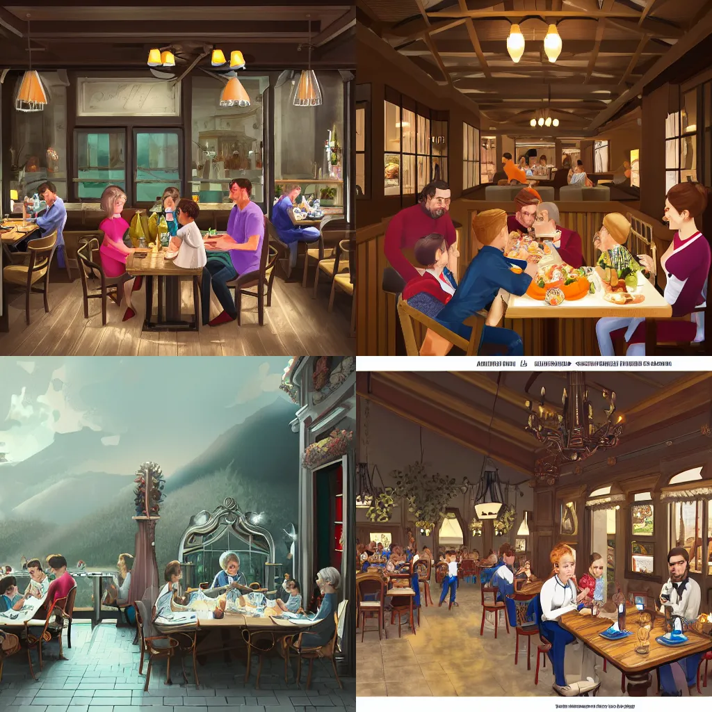 Prompt: a family dining in a restaurant in Austria, digital art, trending on artstation, highly detailed