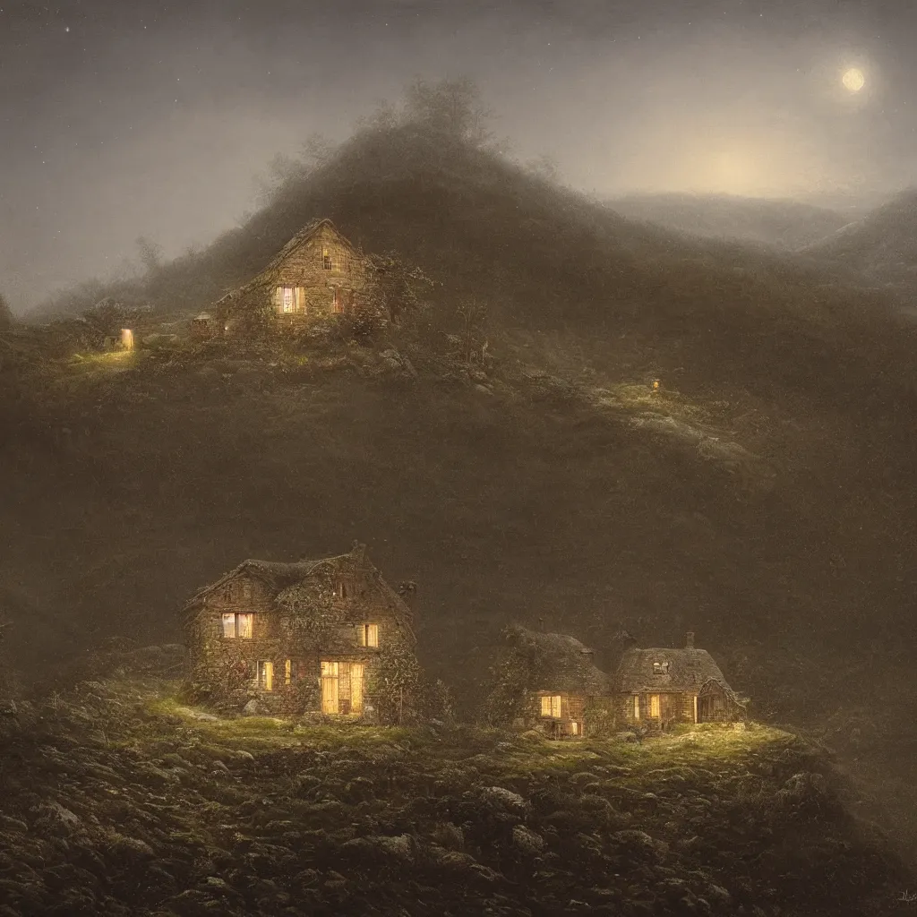 Image similar to A singular rotting cottage on a mountaintop at night, by Lee Madgwick, hyperrealistic, V-Ray 8k UHD