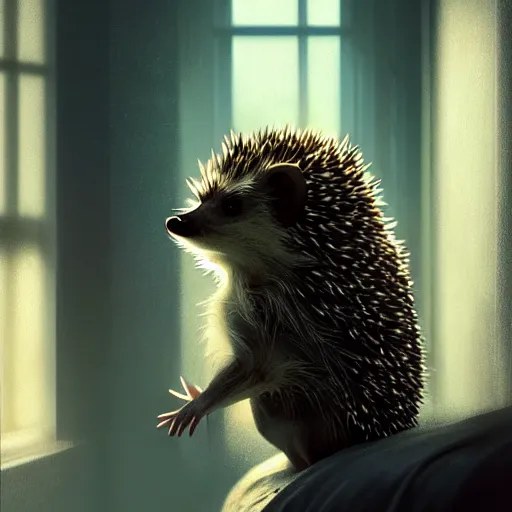 Prompt: photorealistic render of a hedgehog waking up in the morning, by wlop, artgerm, greg rutkowski, alphonse mucha, beautiful dynamic dramatic dark moody lighting, shadows, cinematic atmosphere, artstation, concept design art, octane render, 8 k