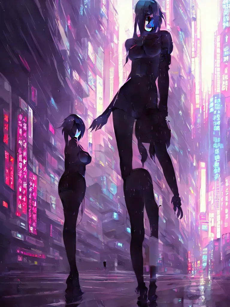 Image similar to Beautiful full body portrait of beautiful cyberpunk anime woman by Greg Rutkowski and Krenz Cushart and Pan_Ren_Wei and Hongkun_st and Bo Chen and Enze Fu and WLOP and Alex Chow, Madhouse Inc., anime style, crepuscular rays, set in rainy futuristic cyberpunk Tokyo street, dapped light, dark fantasy, feminine figure, smooth skin, gorgeous, pretty face, beautiful fashion model body, high detail, hyper realistic, cgsociety, trending on artstation