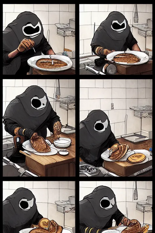 Image similar to mf doom making pancakes, animation pixar style, by pendleton ward, magali villeneuve, artgerm, rob rey and kentaro miura style, golden ratio, trending on art station