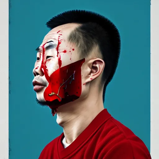 Image similar to portrait of a chinese man :: side profile :: oxygen mask :: blood and ocean intricate details :: 8k :: by vikings and Sandra Chevrier