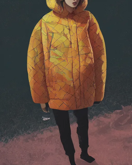 Image similar to a puffy and oversized winter surrealistic mango fruit jacket, concept, mucha, virgil abloh, wes anderson, ilya kuvshinov, photorealistic, artstation, high fashion, incenerate, modern