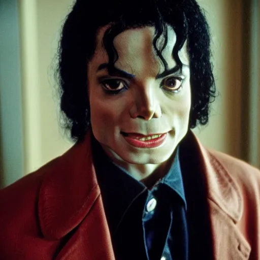 Image similar to a cinematic film still of Michael Jackson starring in The Shining, portrait, 40mm lens, shallow depth of field, close up, split lighting, cinematic