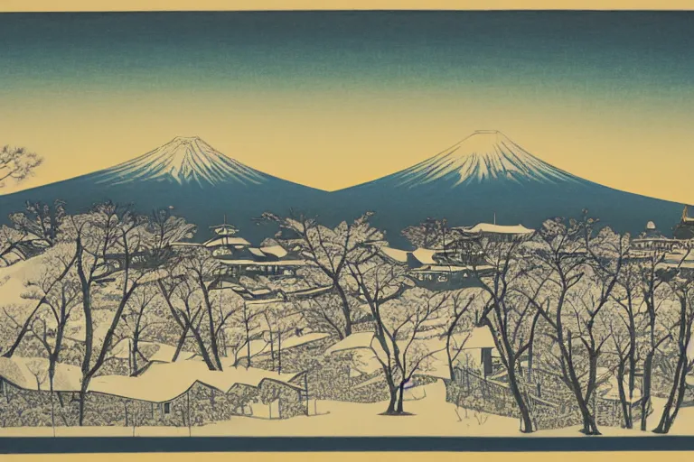 Prompt: Winter,Town at the Foot of Mount Fuji,Lithograph Print, by Taizi Harada.