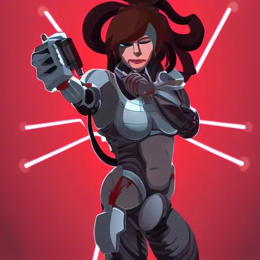 Prompt: a muscular female cyborg ( 8 0 % machine, 2 0 % human ) with glowing red eyes and an evil smile, recharging herself, sci - fi themed, pixiv, vector art