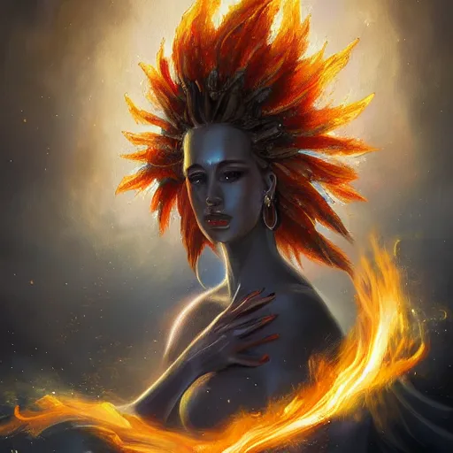 Image similar to A beautiful painting of a flame goddess by Andrews Esao, fantasy, Trending on artstation.