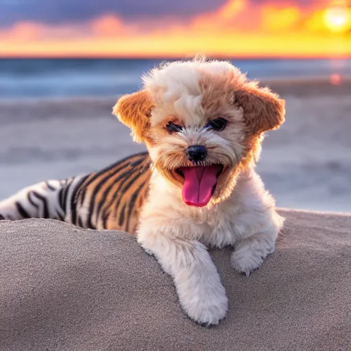 Prompt: a closeup photorealistic photograph of a cute smiling tiger bichon puppy laying out at the beach during sunset. professional capture, well lit shot. this 4 k hd image is trending on artstation, featured on behance, well - rendered, extra crisp, features intricate detail, epic composition and the style of unreal engine.