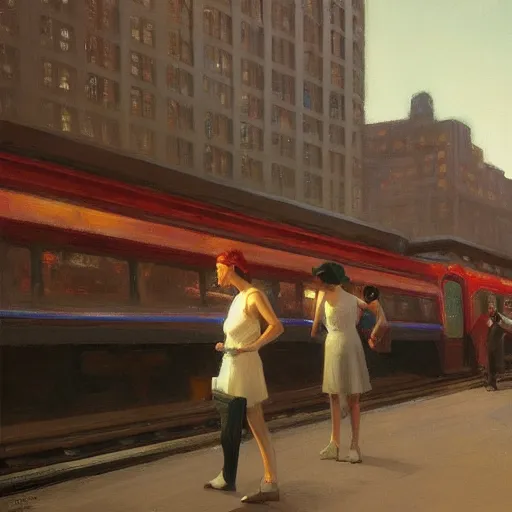 Image similar to new york subway, platform view, sharp focus, intricate, detailed, by edward hopper, greg rutkowski.