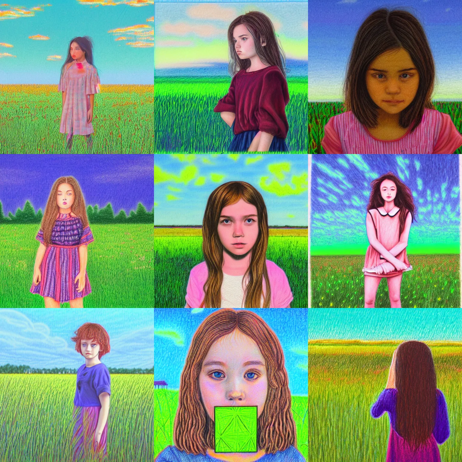 Prompt: portrait colored pencil drawing of curious girl standing in field looking at camera. vaporwave style