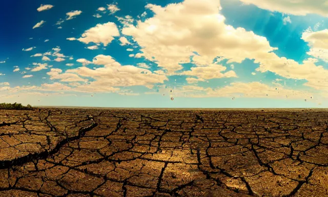 Image similar to panorama of big raindrops flying upwards into the perfect cloudless blue sky from a dried up river in a desolate land, dead trees, blue sky, hot and sunny highly-detailed, elegant, dramatic lighting, artstation, 4k, cinematic landscape, photograph by National Geographic