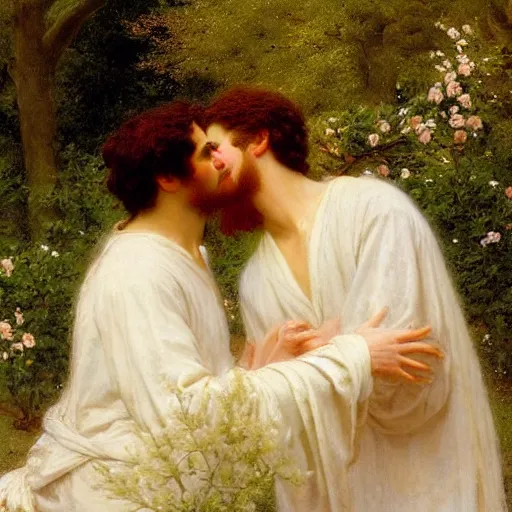 Prompt: Springtime, by Pierre-Auguste Cot, depicting two men in love dressed in white robes