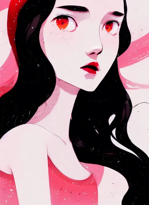 Prompt: highly detailed closeup portrait of beautiful, long black hair teen girl, wavy hair, red dress by atey ghailan, by greg rutkowski, by greg tocchini, by james gilleard, by joe fenton, by kaethe butcher, gradient pink, black and white color scheme, grunge aesthetic!!! ( ( graffiti tag wall background ) )
