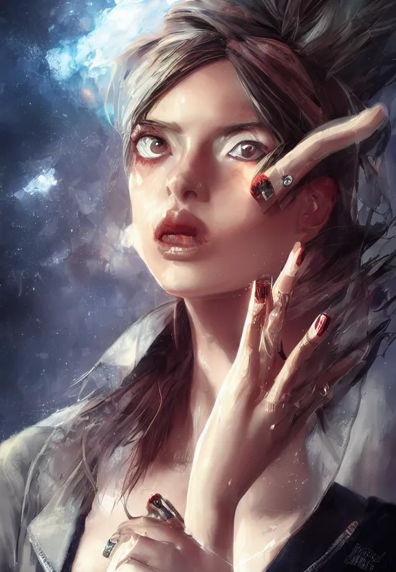 Image similar to digital illustration of a girl with eyes that burn like cigarettes wearing a short skirt and a long jacket with fingernails that shine like justice, dramatic lighting, photorealistic, full body portrait, detailed anatomy, extreme detail, 4 k, colorful, artgerm and craig mullins, detailed face, f / 2. 8