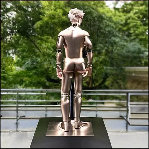 Image similar to “a realistic detailed photo of a guy who is an attractive humanoid who is half robot and half humanoid, who is a male android, twitch streamer Ninja Tyler Blevins, shiny skin, posing like a statue, blank stare”