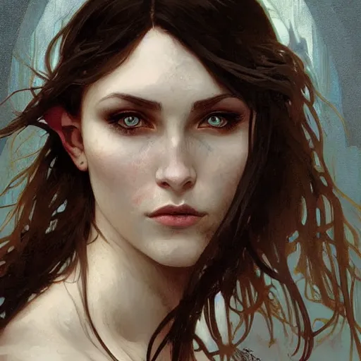 Image similar to Digital portrait of a pretty half-elf half-vampire young woman. Her eyes have red irises and vertical pupils. Art by Greg Rutkowski and Alphonse Mucha