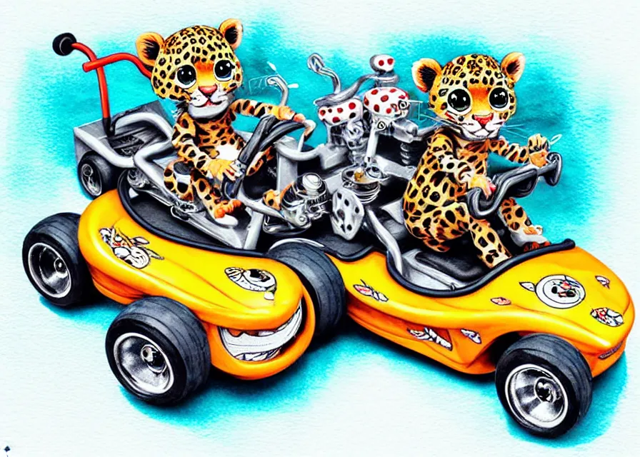 Image similar to cute and funny, baby leopard riding in a tiny go kart with oversized engine, ratfink style by ed roth, centered award winning watercolor pen illustration, isometric illustration by chihiro iwasaki, edited by range murata, tiny details by artgerm and watercolor girl, symmetrically isometrically centered