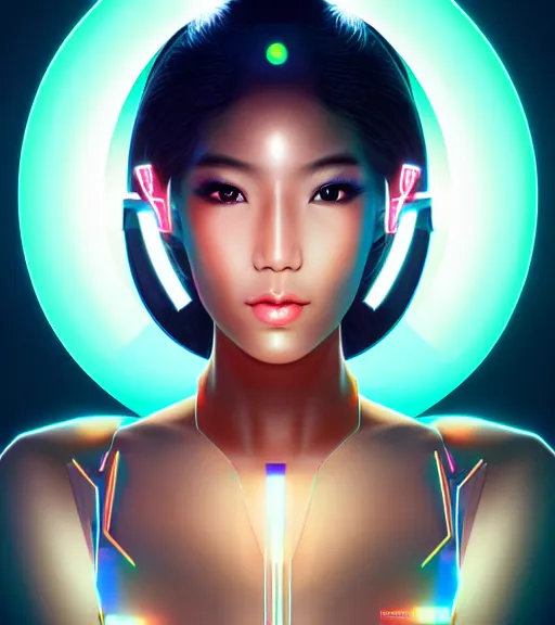 Image similar to symmetry!! asian princess of technology, solid cube of light, hard edges, product render retro - futuristic poster scifi, lasers and neon circuits, beautiful dark skin asian princess, intricate, elegant, highly detailed, digital painting, artstation, concept art, smooth, sharp focus, illustration, dreamlike, art by artgerm