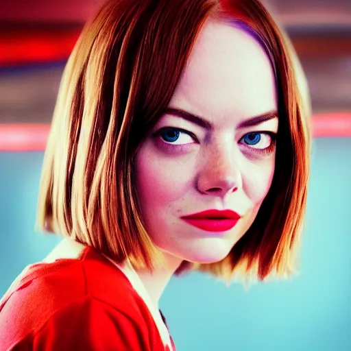 Image similar to Emma Stone in Stranger Things, XF IQ4, 150MP, 50mm, f/1.4, ISO 200, 1/160s, natural light, Adobe Lightroom, DxO Photolab, Corel PaintShop Pro, rule of thirds, symmetrical balance, depth layering, polarizing filter