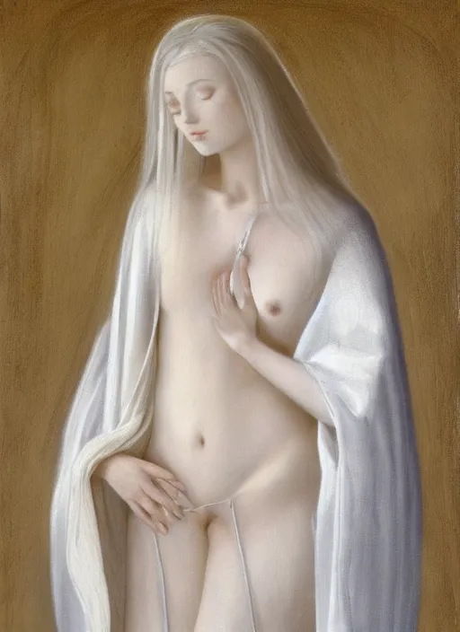 Image similar to single thin angel with silver hair so pale and wan!, thin!, wearing robes, covered in robes, lone pale wan feminine goddess, wearing silver robes, flowing hair, pale skin, young cute face, covered!!, clothed! oil on canvas, style of lucien levy - dhurmer and jean deville, 4 k resolution, aesthetic!, mystery