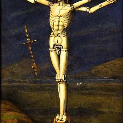 Prompt: robot crucified by matthias grunewald