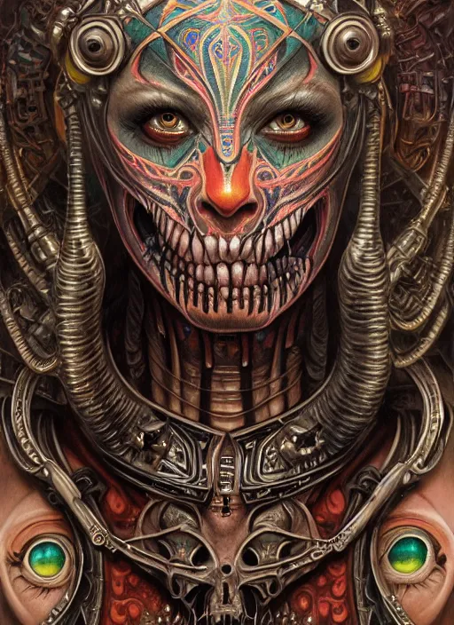 Image similar to hyper detailed masterpiece undead aztec face tattoo warrior by donato giancola and tom bagshaw, face by artgerm and edmund leighton, and h. r. giger, trending on artstation, colorful, psychedelic aesthetic, ornate, background by james jean, 8 k, biomechanical, majestic, volumetric lighting, porcelain skin, concept art, sharp focus