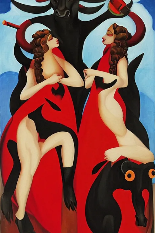 Prompt: highly detailed painting of gemini goddesses wearing red dresses riding a black bull by tamara de lempicka