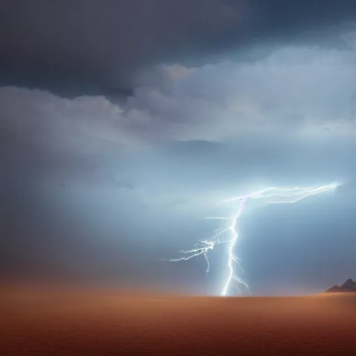 Image similar to cinematic wide shot of a lightning storm within a sandstorm, in the Egyptian desert, Great Pyramid of Giza, sense of awe, photoreal, establishing shot, cinematic composition, matte painting, artstation,